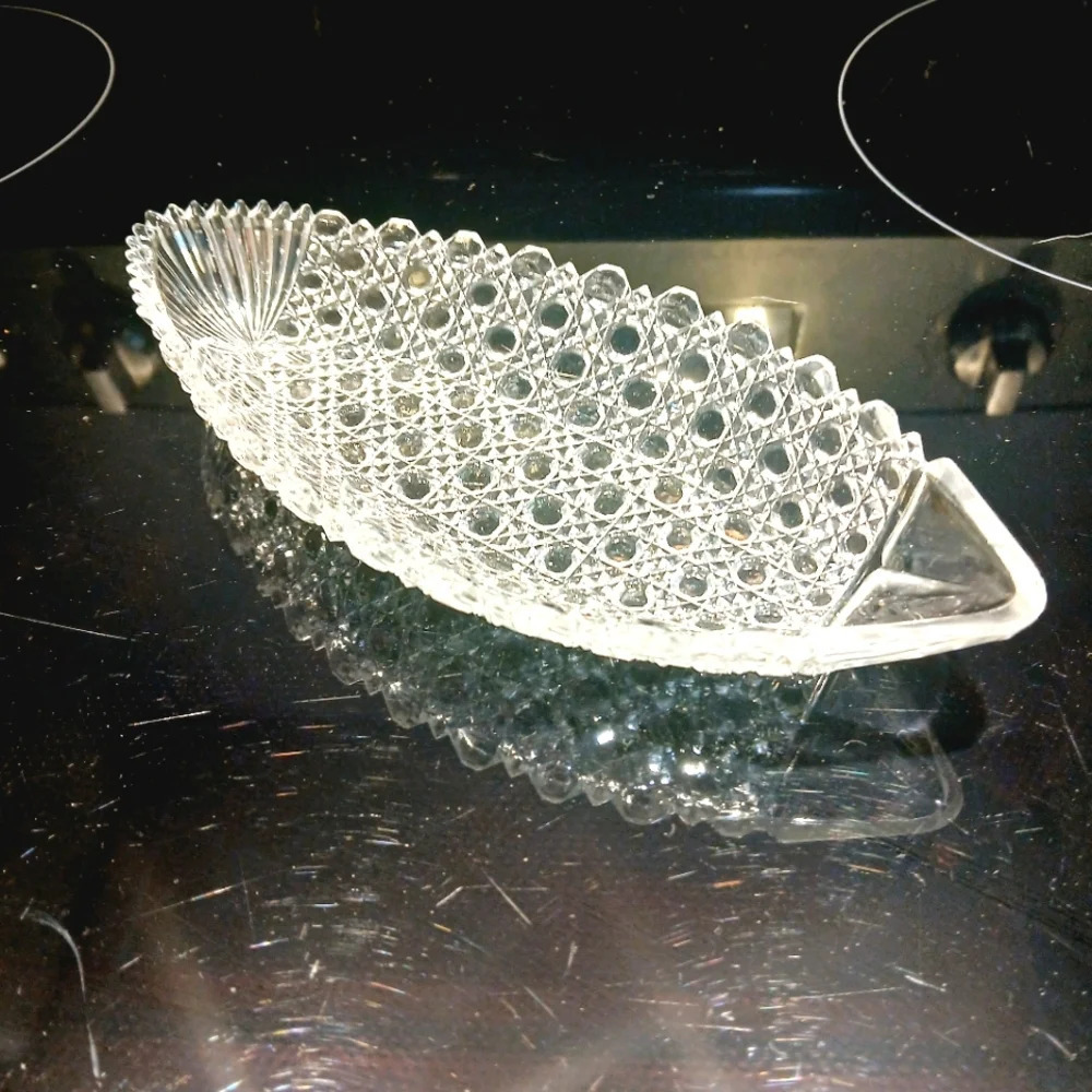 ABP Cut Glass Relish Dish Canoe Boat Tray Saw Tooth Vintage Daisy & Button